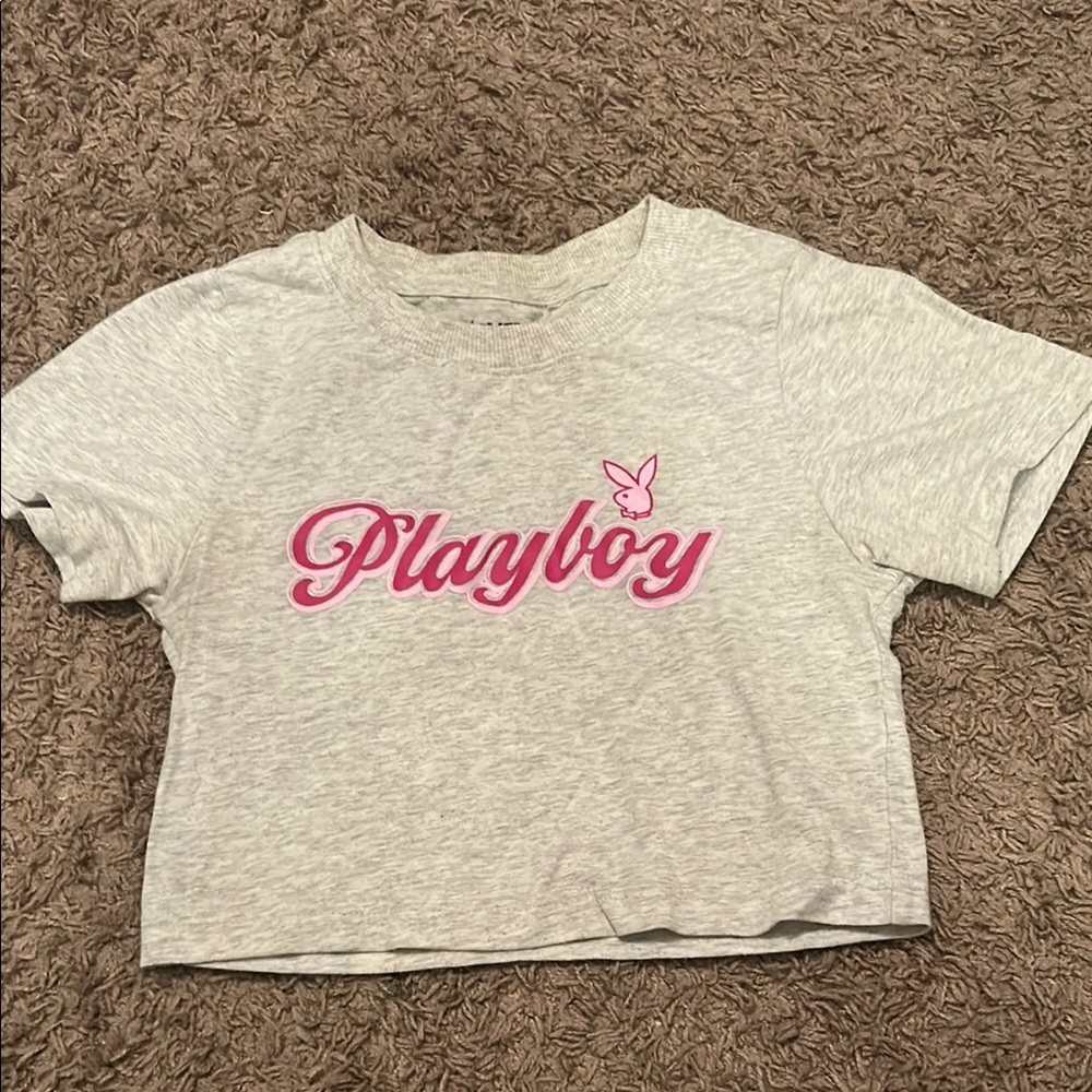 PLAYBOY Gray and Pink Crop Top with Script Logo